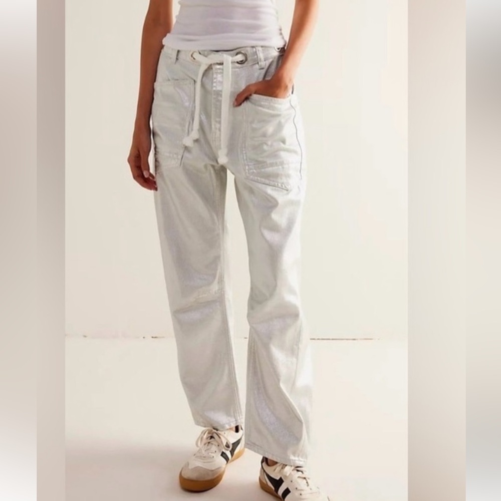 Free people we the free Moxie Metallic Low Slung Barrel Jeans sz 26